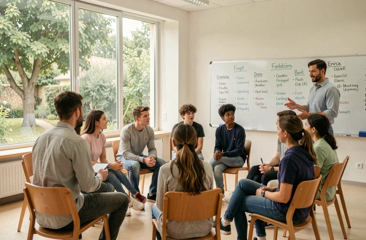 Enseignant animant un groupe de discussion bilingue dans une salle de classe lumineuse de l'ABC School International