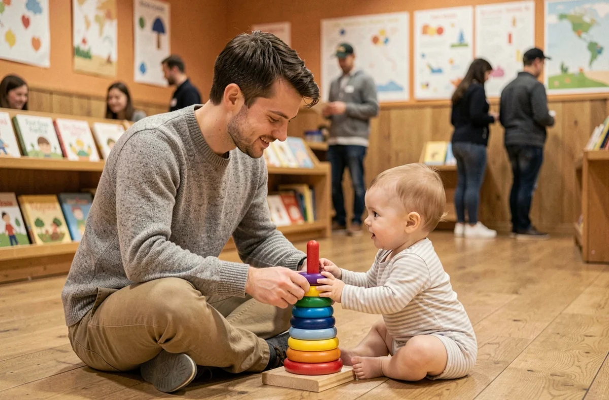 Papa jouant avec son bébé d'un an par terre dans un espace de jeux pour enfants à Paris