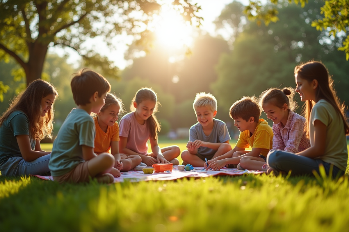 Enfants et adultes en cercle lors d une activité en plein air éducative
