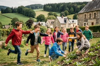 Groupe d'enfants joyeux explorant les activités en plein air en Bourgogne-Franche-Comté