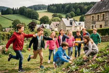 Groupe d'enfants joyeux explorant les activités en plein air en Bourgogne-Franche-Comté