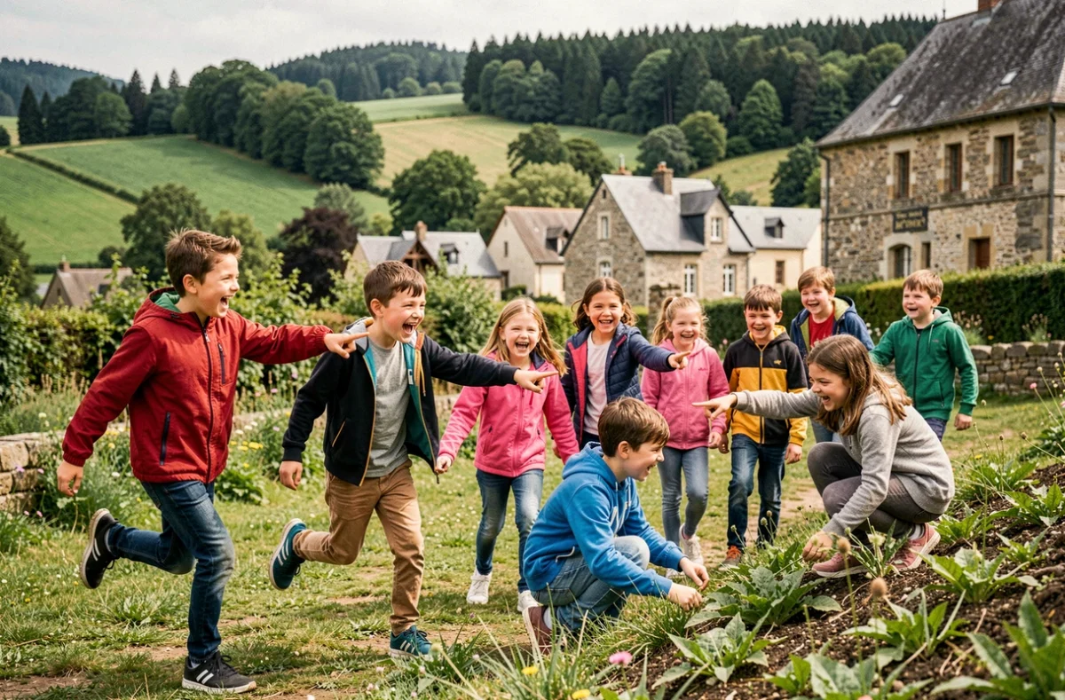 Groupe d'enfants joyeux explorant les activités en plein air en Bourgogne-Franche-Comté