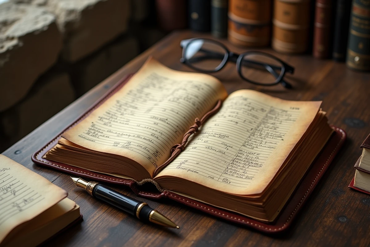Agenda vintage en cuir ouvert avec des dates manuscrites et une plume sur une table en chêne dans un bureau d'archives