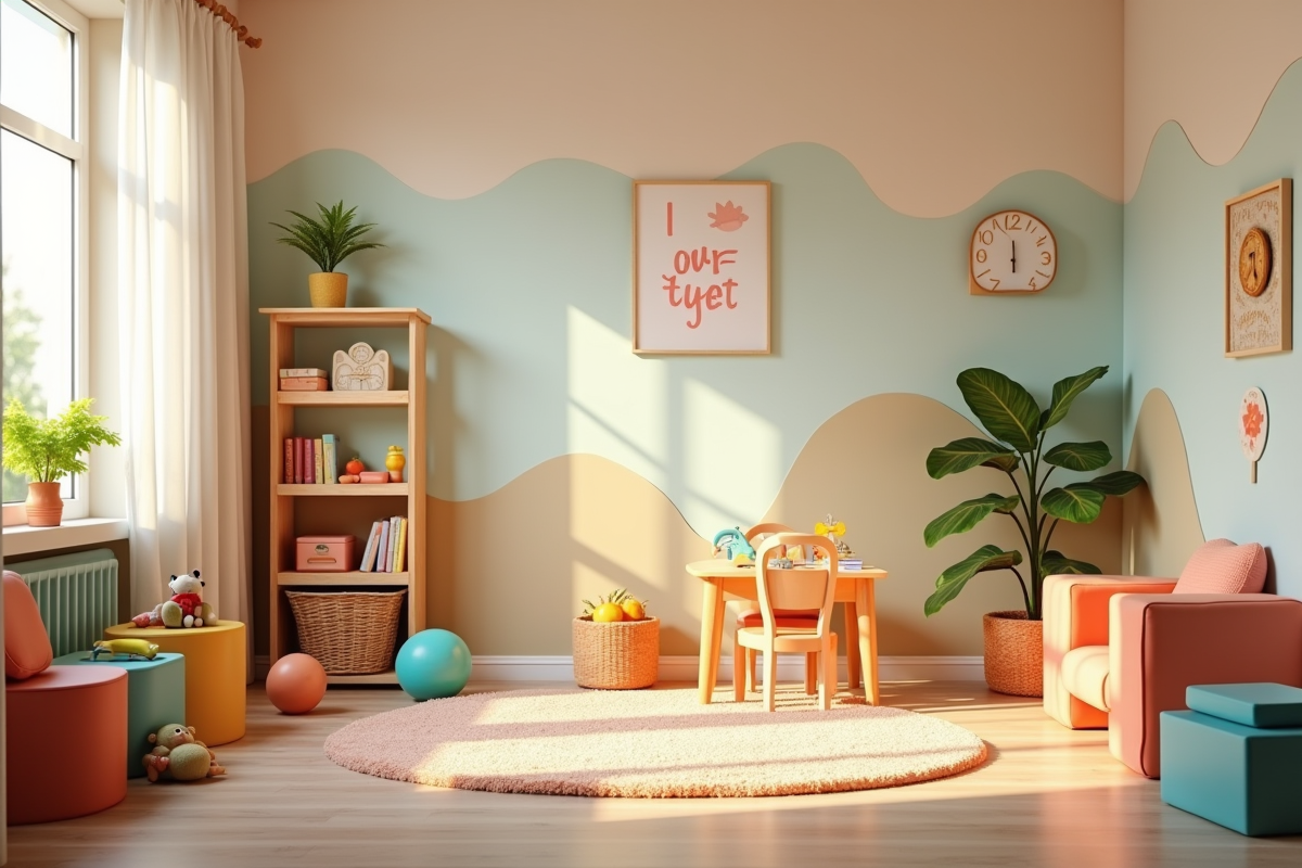 Salle de jeux colorée avec jouets éducatifs et affirmations positives