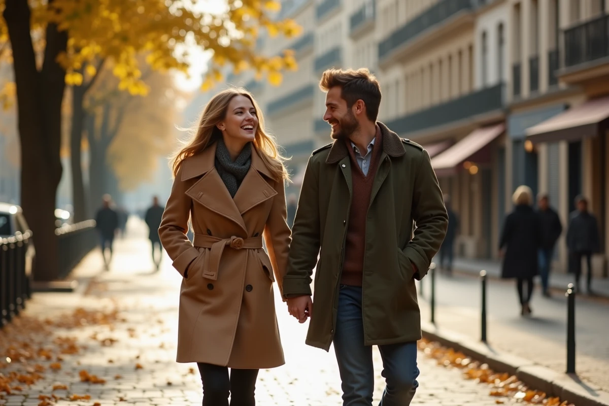 Couple souriant se promenant dans une rue parisienne en automne, illustrant la vie commune d'Amandine Atalaya et son mari