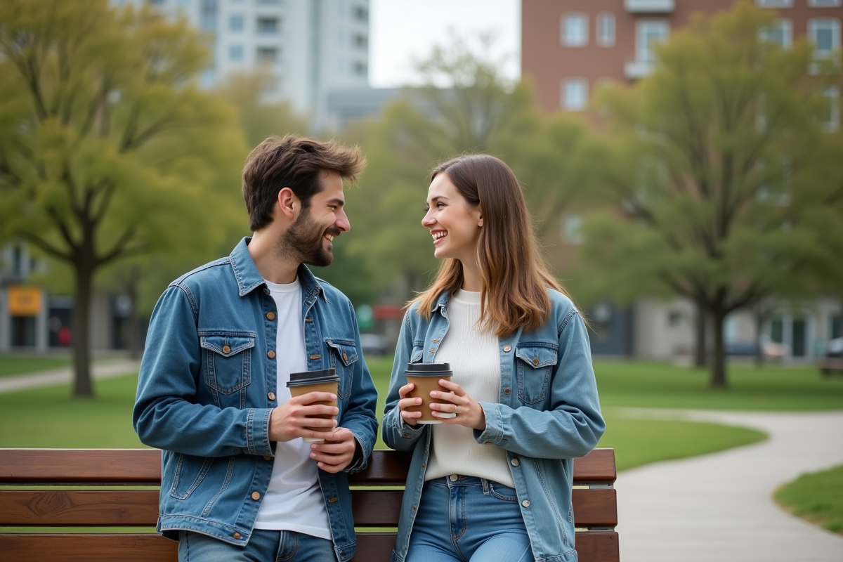 Deux amis discutant et riant dans un parc urbain