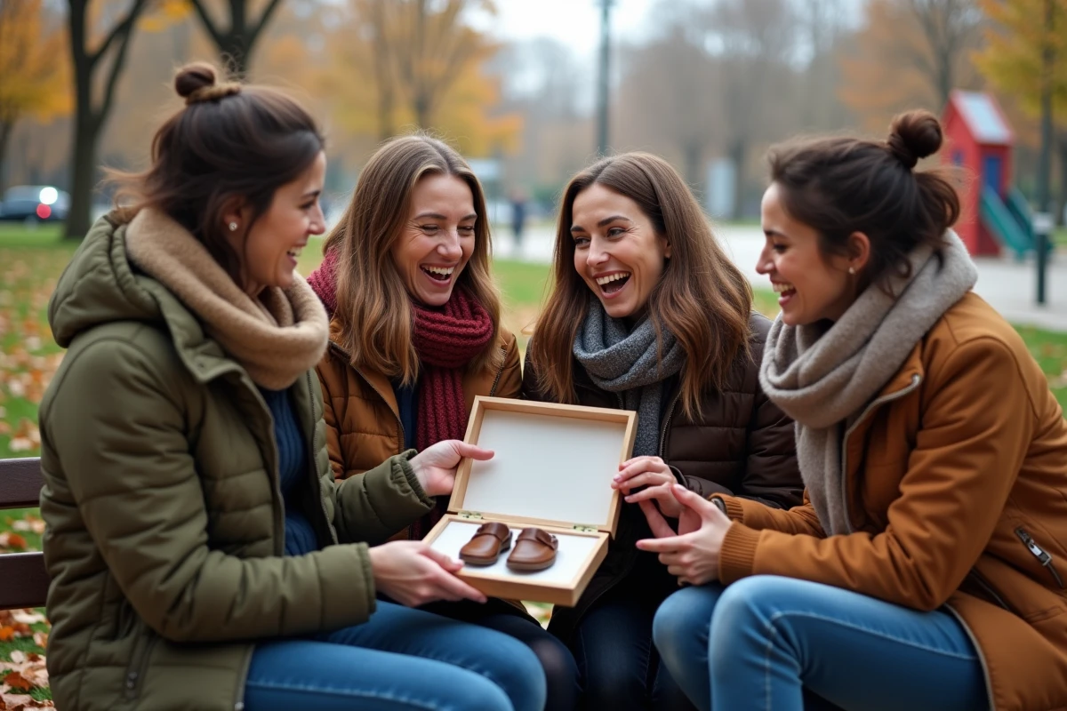 Groupe d amis découvrant une photo surprise dans un parc