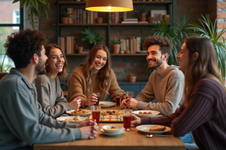 Groupe d'amis rieurs autour d'une table rustique