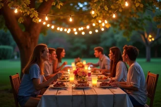 Groupe d'adultes réunis autour d'une table décorée pour un anniversaire en plein air dans un jardin au coucher du soleil
