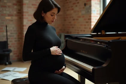 Jeune artiste enceinte assise au piano dans un studio de répétition, réfléchissant à l'équilibre entre maternité et carrière musicale