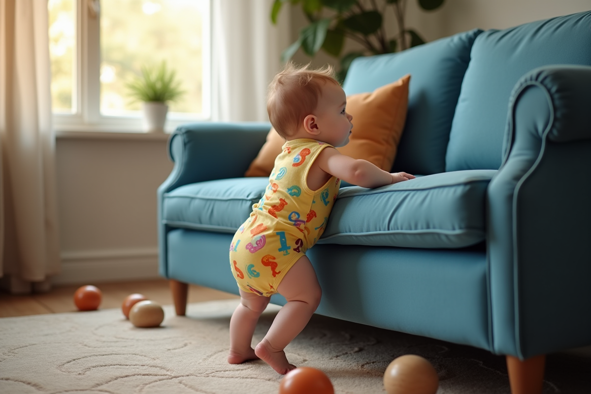 Bébé curieux en grenouillère colorée sur un canapé bleu dans une pièce chaleureuse