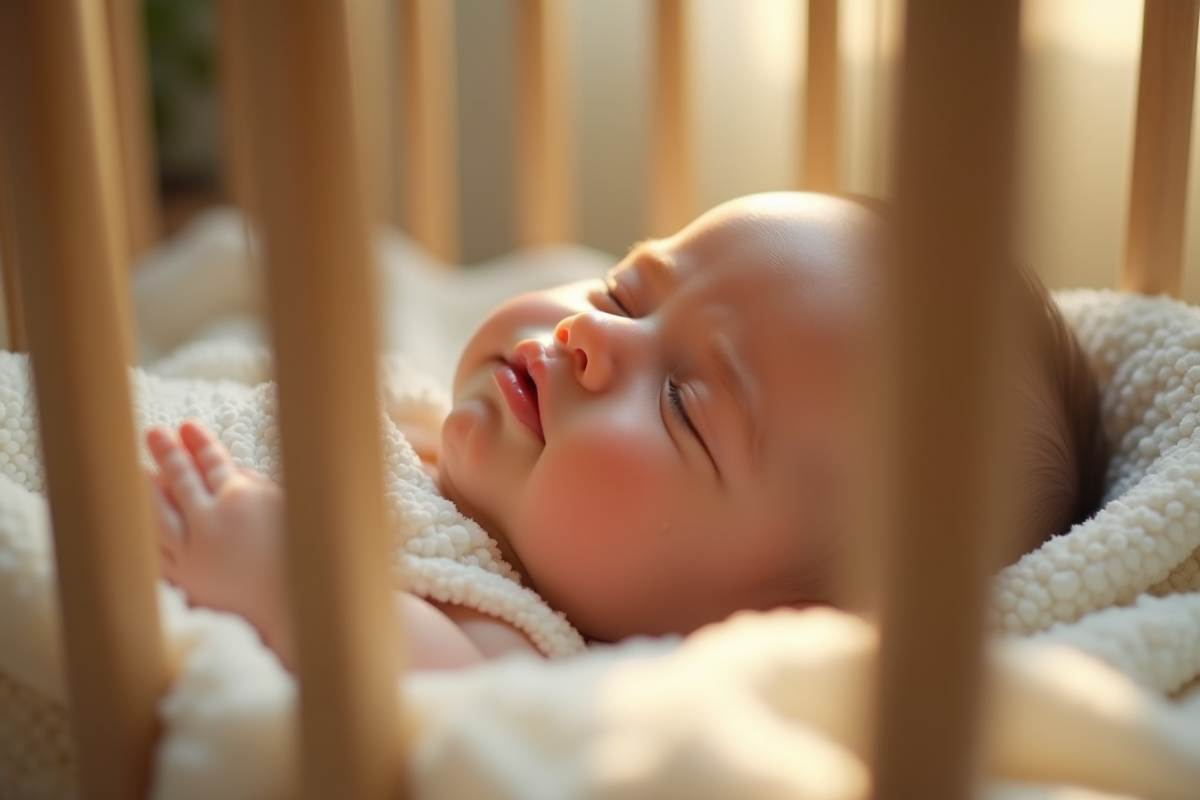 Bébé calme dans son berceau avec lumière douce du matin