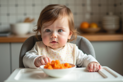 Bébé de 6 mois dans une chaise haute mangeant des carottes