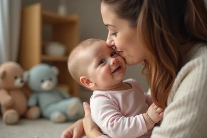 Bebe fille souriante avec sa maman dans une nurserie