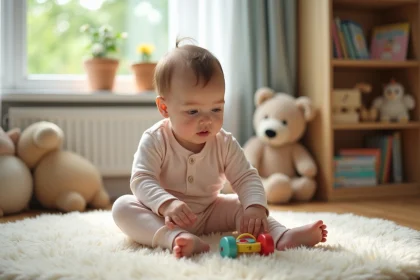 Bebe fille en pyjama pastel jouant avec un jouet en bois