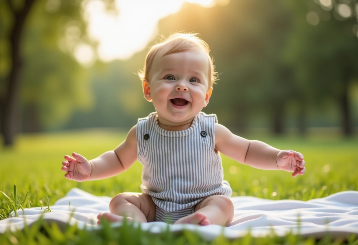 Bebe garcon en salopette dans un parc ensoleille