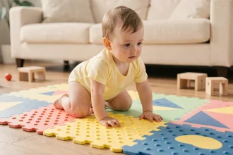 Bébé qui rampe sur un tapis de motricité coloré et texturé dans un salon naturel et chaleureux