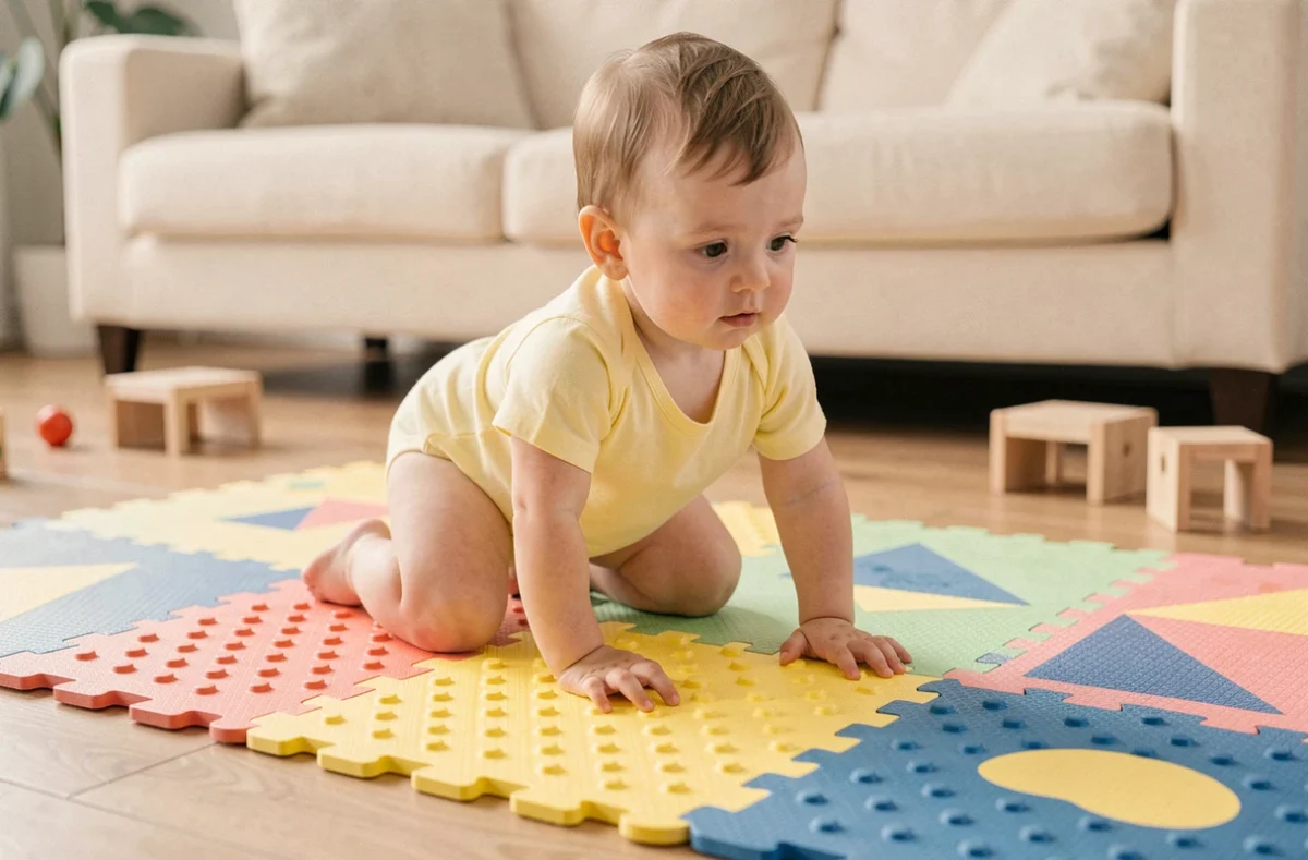 Bébé qui rampe sur un tapis de motricité coloré et texturé dans un salon naturel et chaleureux