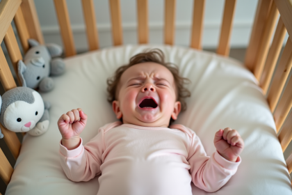 Bébé fille pleurant dans un lit en bois dans une nurserie douce