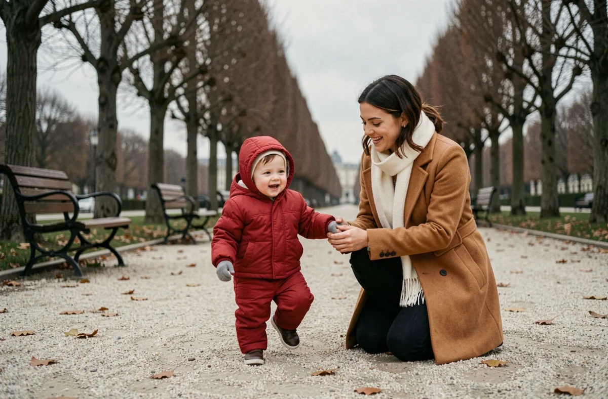 Maman aidant son bébé d'un an à marcher dans un parc parisien en automne