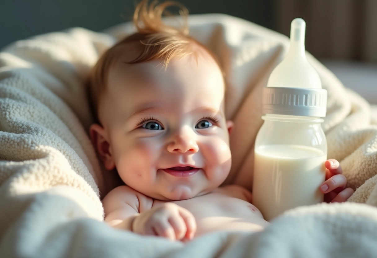Bébé souriant de deux mois sur une couverture pastel