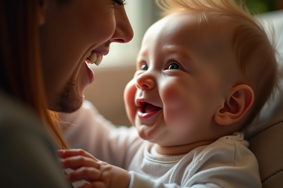 Bébé souriant regardant un parent en touchant son visage