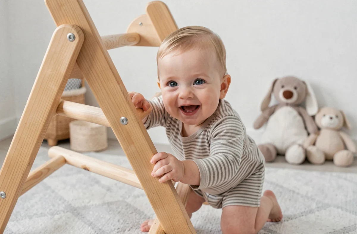 Bébé debout contre une structure de motricité en bois dans une chambre minimaliste, illustrant un équipement accessible et peu coûteux
