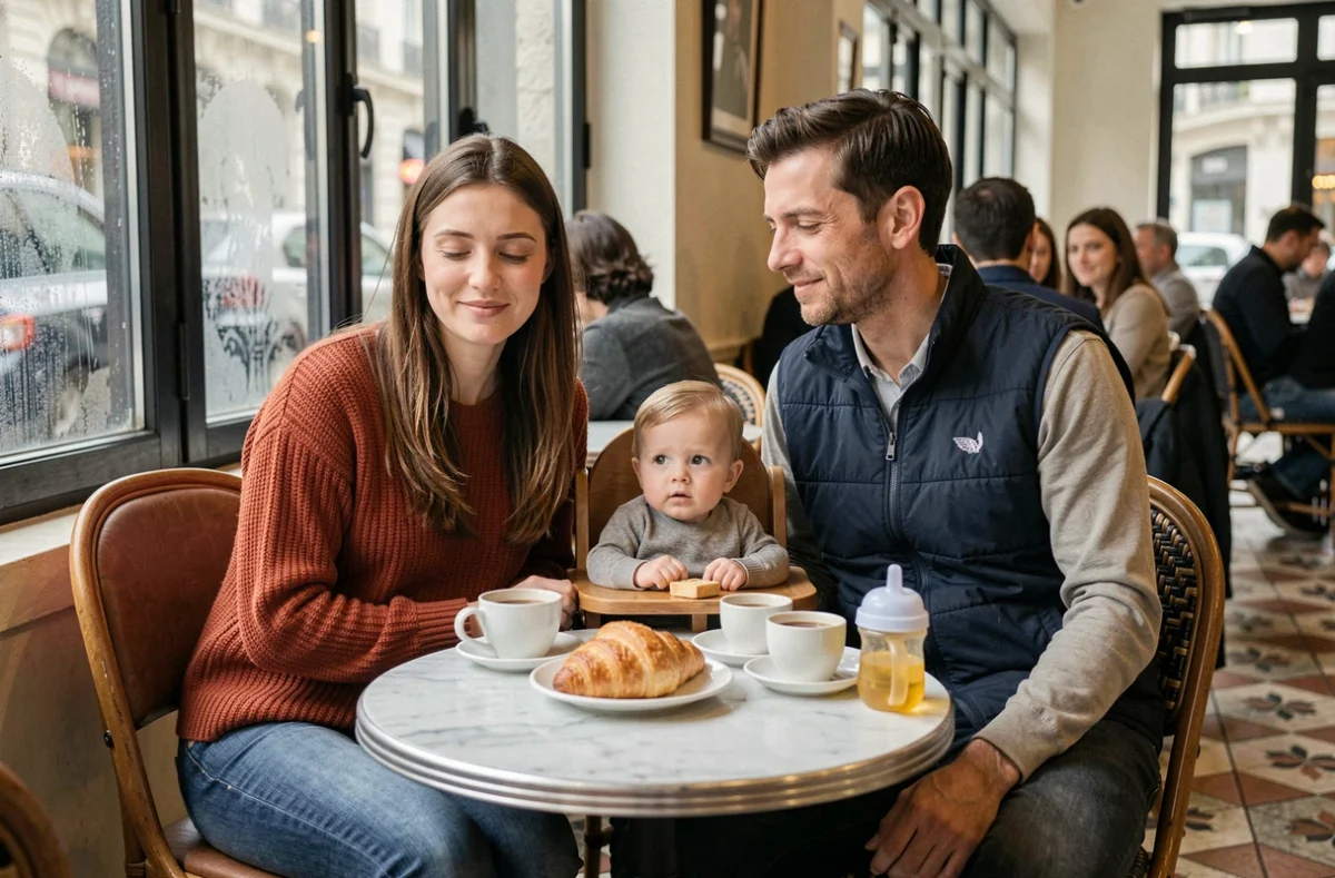 Parents épuisés et bébé d'un an dans un café parisien pour une pause en famille le week-end