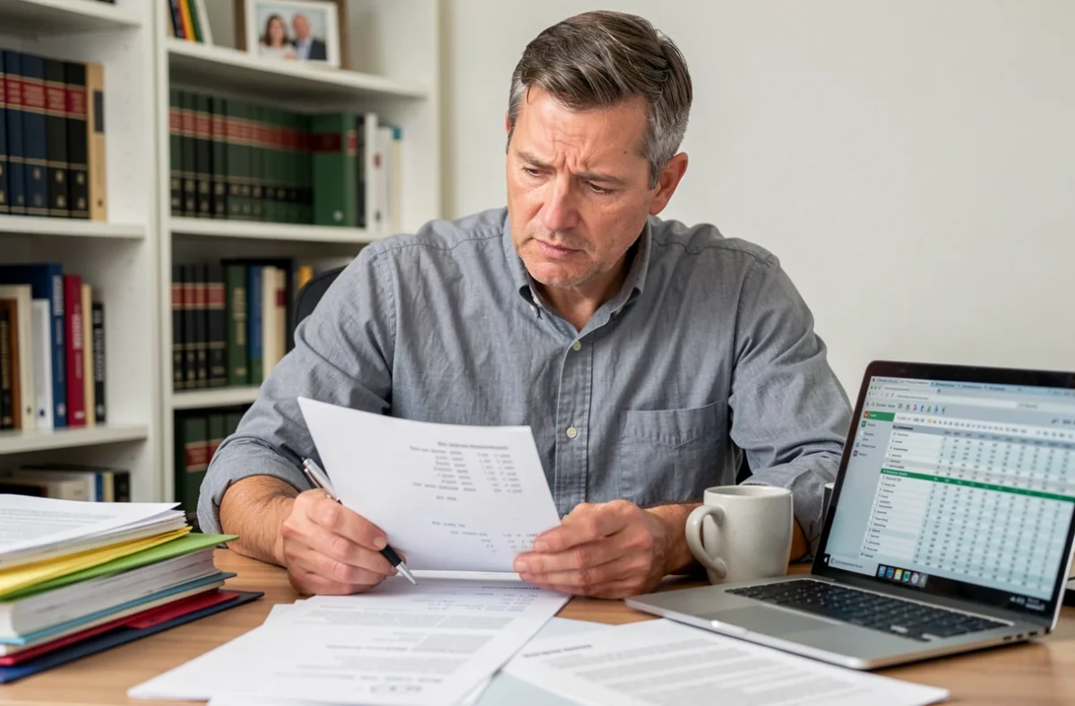 Homme adulte calculant sa part d'obligation alimentaire pour ses parents dans un bureau à domicile