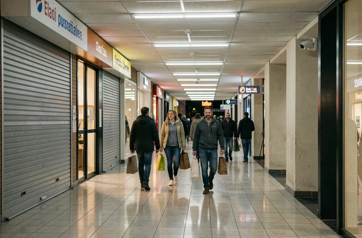Galerie intérieure du centre Le Cardo à Orvault en soirée avec caméra de surveillance et commerces fermants