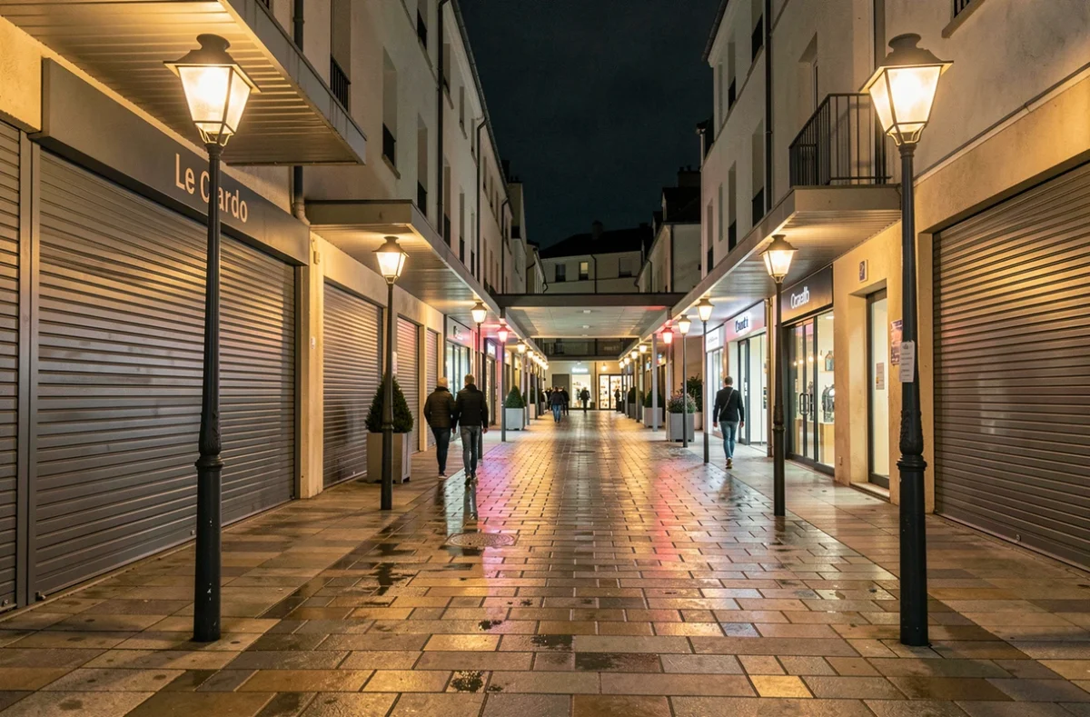 La rue commerçante Le Cardo à Orvault le soir avec éclairage public et quelques passants