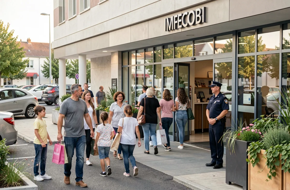 Entrée d'un centre commercial français le week-end avec agent de sécurité et familles
