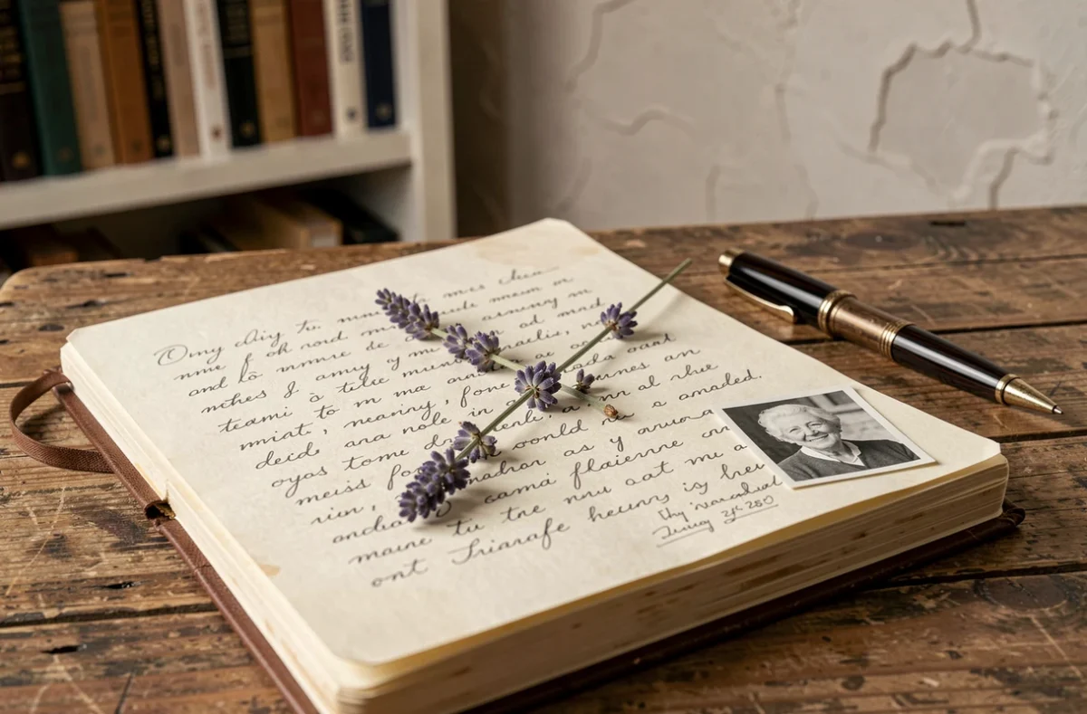 Carnet ouvert avec une belle phrase manuscrite d'hommage à une tante décédée, avec une photo ancienne et une branche de lavande séchée