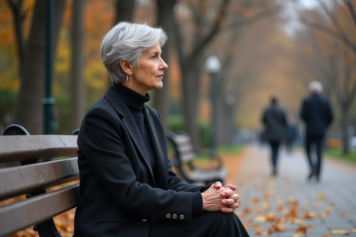 Femme élégante et mystérieuse sur un banc de parc évoquant le secret de vie privée d'une célébrité