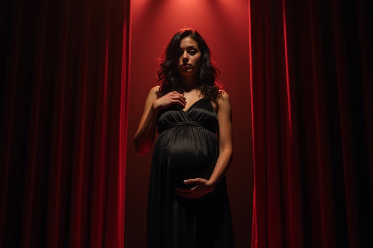 Chanteuse enceinte debout en coulisses d'une salle de concert, tenant un microphone, incarnant la tension entre carrière artistique et maternité