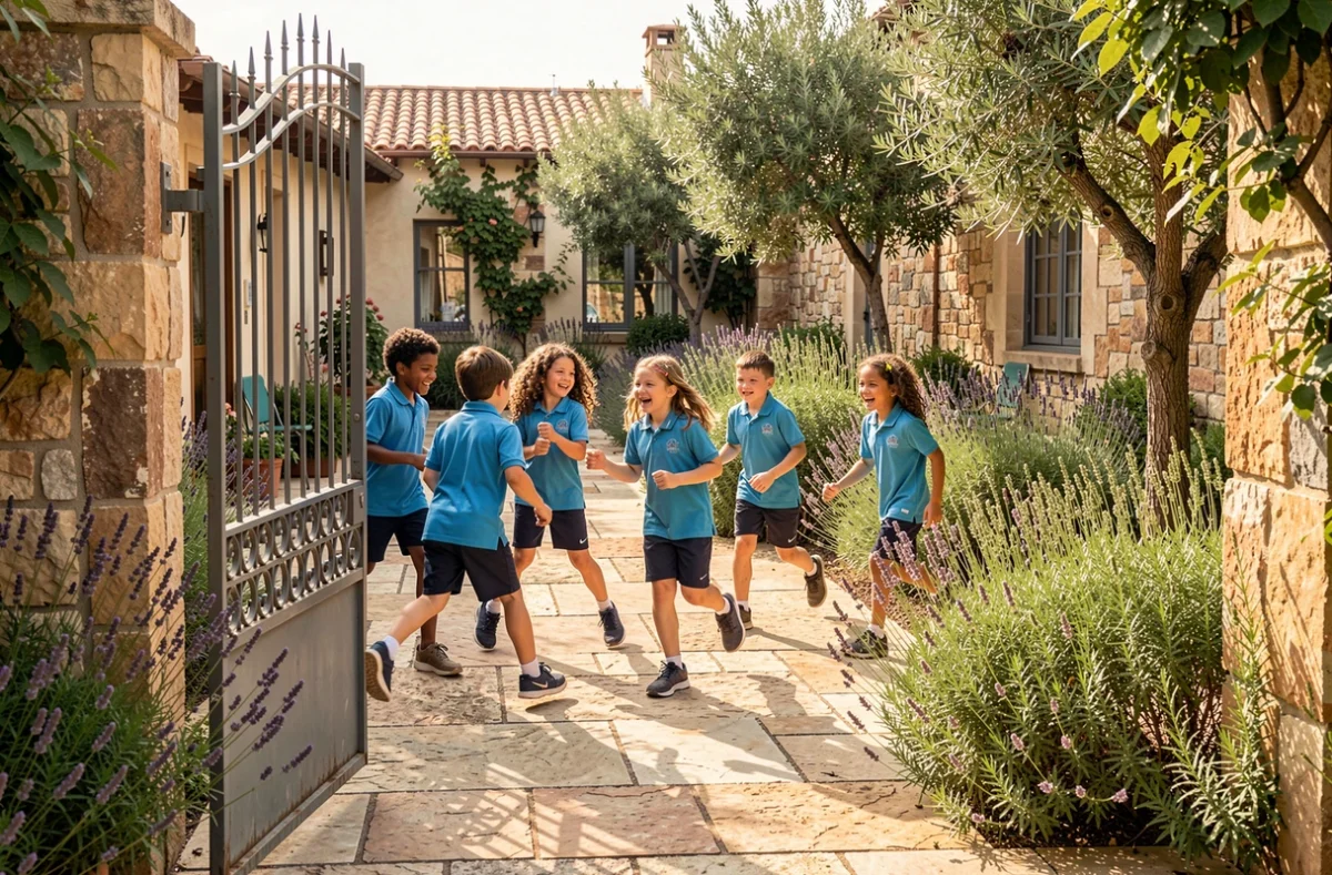 Élèves de la CIPEC International School jouant dans la cour intérieure entourée d'un jardin méditerranéen