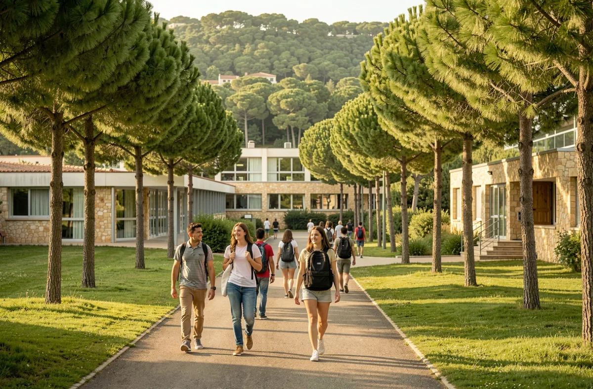Campus arboré du Centre International de Valbonne (CIV) avec des élèves marchant entre les bâtiments scolaires