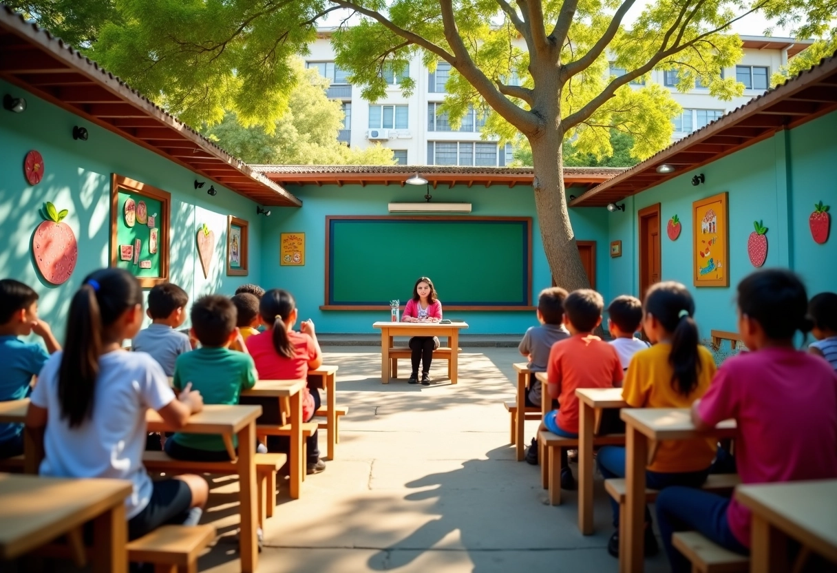 Enfants en classe dehors assis en cercle avec enseignant