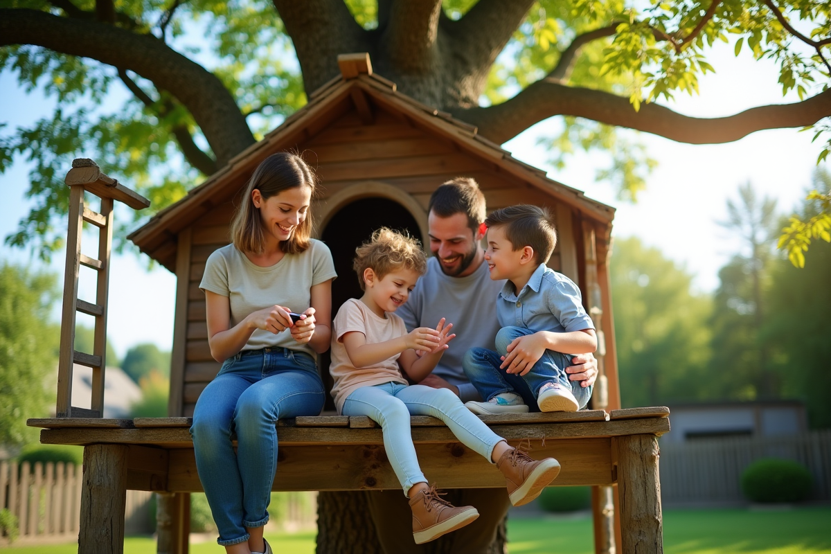 Enfants construisant une cabane dans le jardin en famille