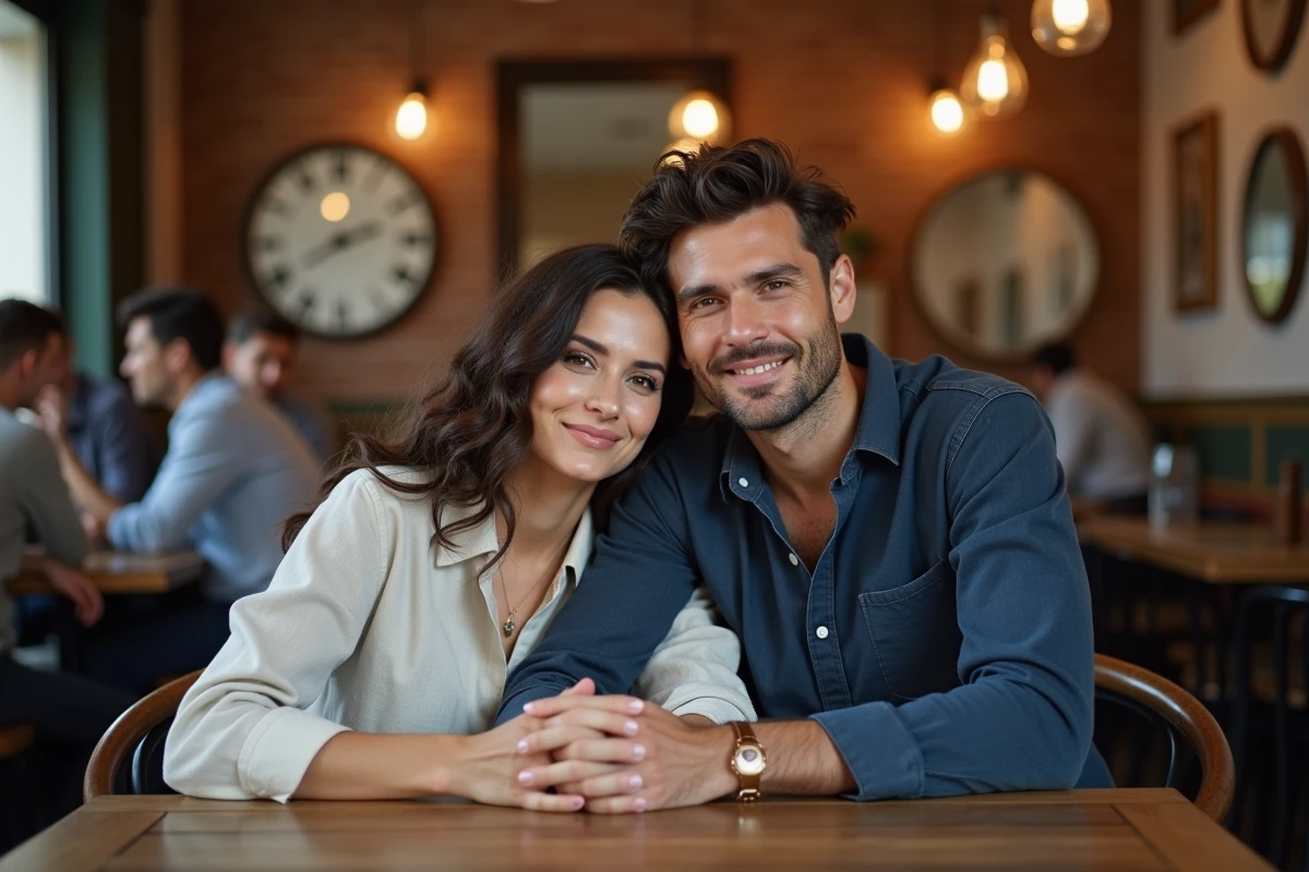 Couple complice attablé dans un bistrot parisien, illustrant la vie privée d'Amandine Atalaya et son mari