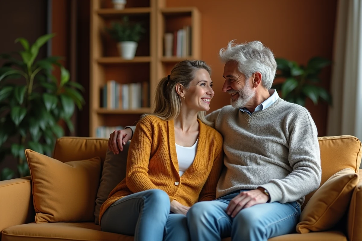 Couple complice assis ensemble dans un salon chaleureux, sourires naturels et atmosphère intime de vie quotidienne partagée