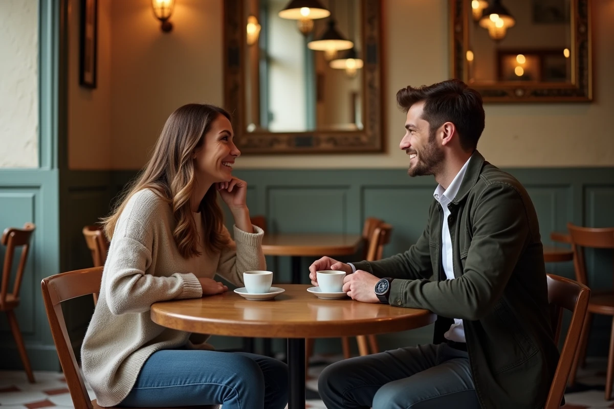 Couple complice en conversation animée dans un bistrot français, évoquant la confiance mutuelle et la protection de leur vie privée
