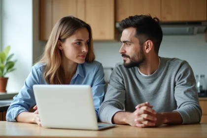 Couple en discussion dans la cuisine avec ordinateur