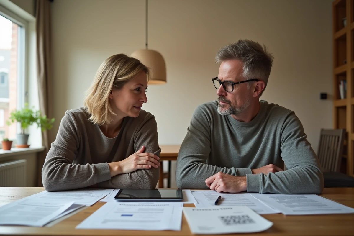 Couple examinant ensemble des documents de divorce par internet sur une tablette à la maison