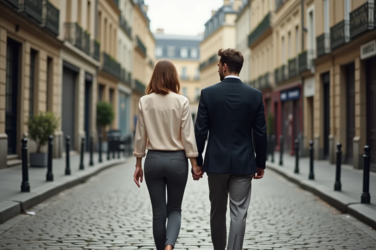 Couple élégant se promenant sur un boulevard parisien pavé en automne