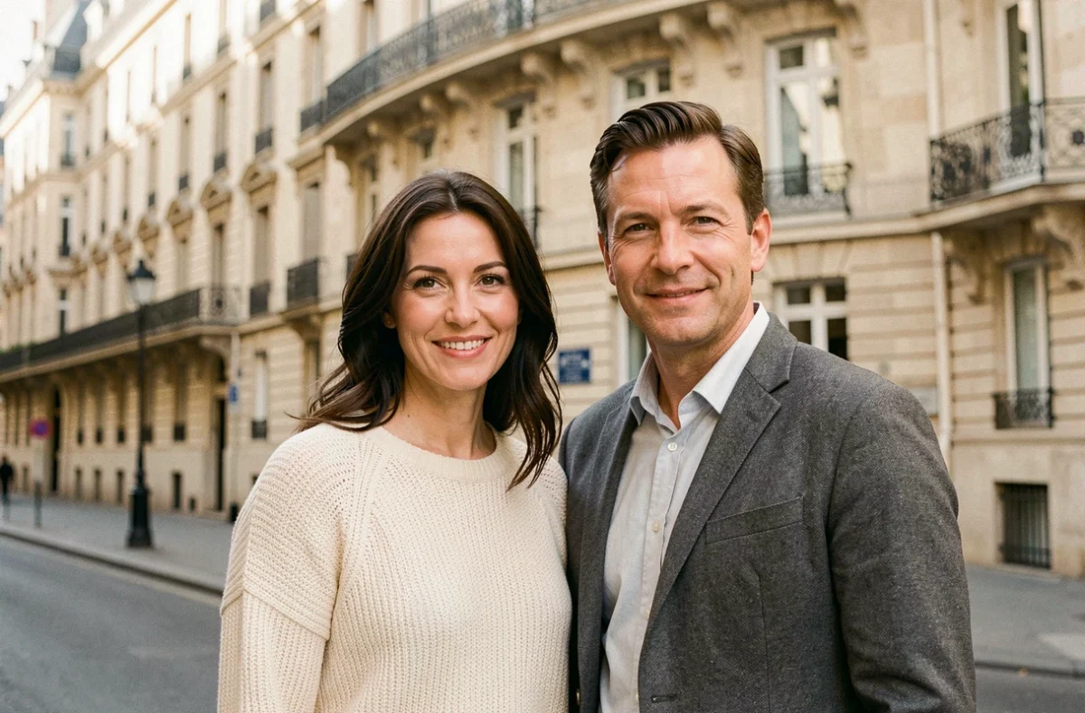 Couple élégant souriant dans une rue parisienne aux immeubles haussmanniens, ambiance vie de couple
