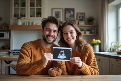 Jeune couple souriant avec &eacute;chographie dans la maison