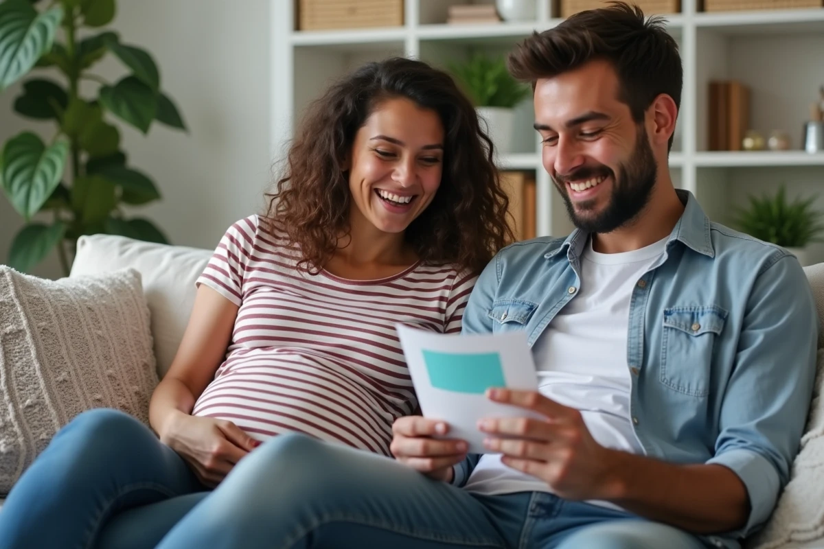 Couple heureux d&eacute;couvrant des cadeaux de grossesse dans le salon