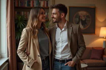 Couple élégant partageant un moment de complicité discrète dans un appartement parisien, illustrant une relation amoureuse préservée des regards