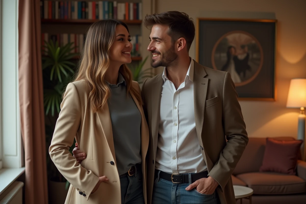 Couple élégant partageant un moment de complicité discrète dans un appartement parisien, illustrant une relation amoureuse préservée des regards